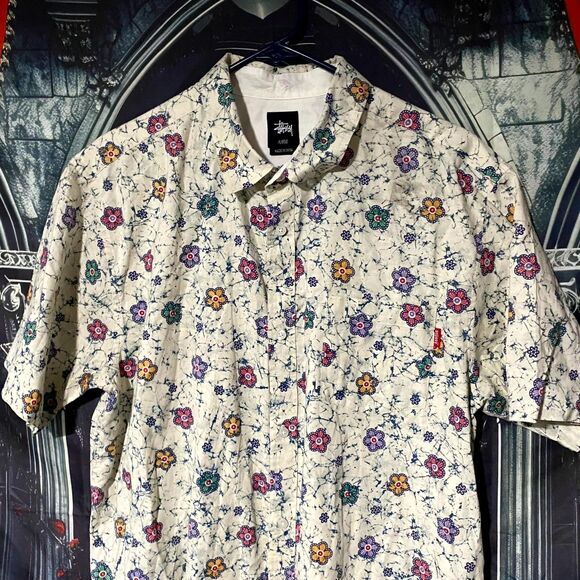 Stussy Button-Up Shirt Men's XL Beige Floral Print Short Sleeve Preppy Casual - Picture 2 of 6